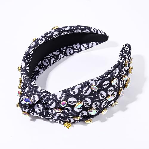 Halloween Crystal Knotted Headband for Women Rhinestone Jeweled Embellished Skull Print Wide Top Knot Hairband Halloween Costume Party Hair Accessory