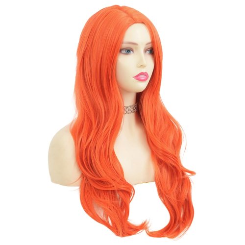 Tseses Orange Long Curly Wavy Womens Wig Hair Natural Looking Side Part Cosplay Halloween Synthetic Fiber Wig Heat Resistant Replacement Full Wig (Orange)