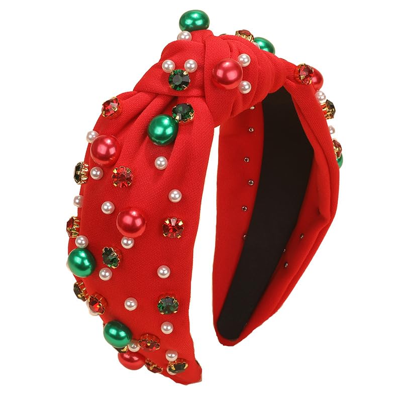 vowyore Christmas Headband for Women Red Green Pearl Rhinestone Crystal Jeweled Hairband Fashion Elegant Ladies Wide Knot Head Band Christmas Holiday Party Outfit Gifts