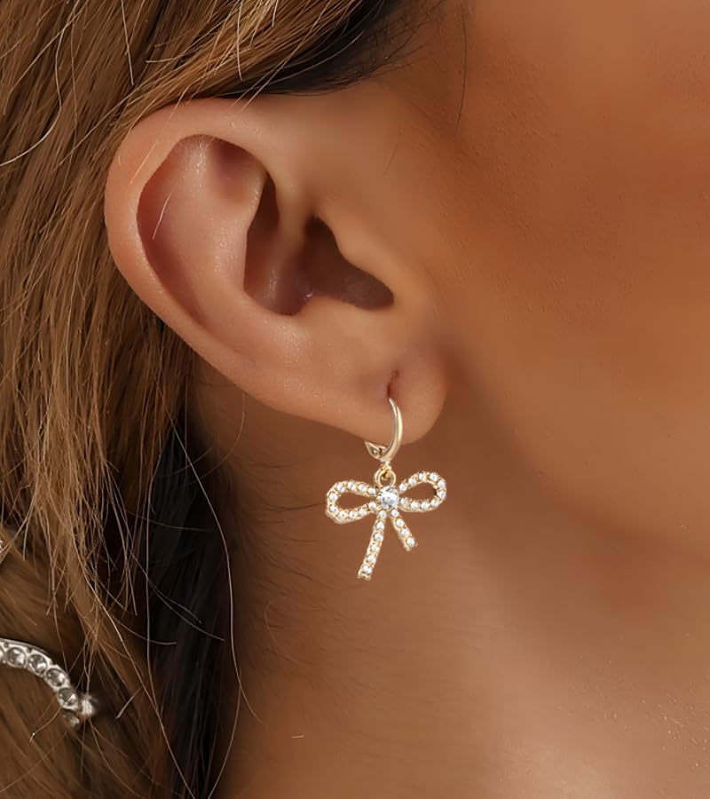Skiennix Pearl Bow Hoop Earrings - Dainty Faux Pearl Drop Design | Lightweight Gold Plated Copper, Perfect Gift for Her
