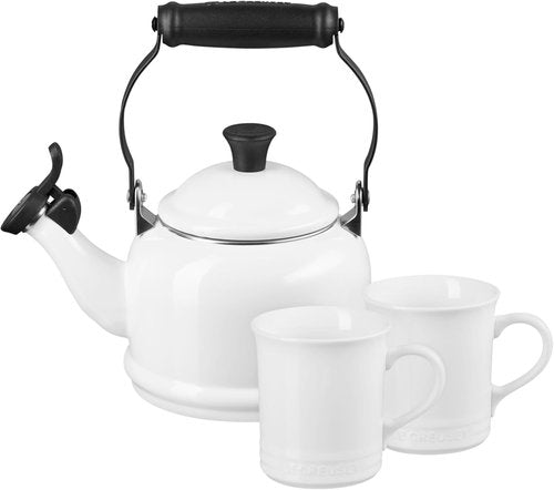 Le Creuset Enamel On Steel Demi Kettle - 1.25 Qt Kettle & Set of 2 Stoneware Mugs, White