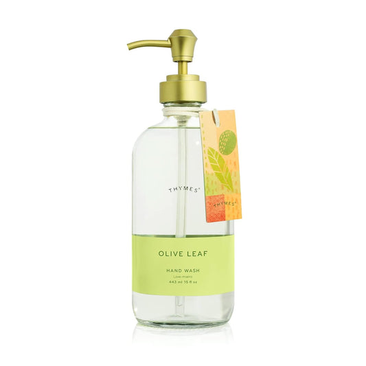 Thymes Hand Moisturizing Wash - Olive Leaf Scent - Refillable Glass Pump Bottle | 15 Fl Oz