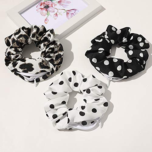 Velvet Dots Leopard Scrunchies with Zipper Pouch and Secret Pocket for Hair Ties, Ropes, and VSCO Girl Stuff (4 Pcs)