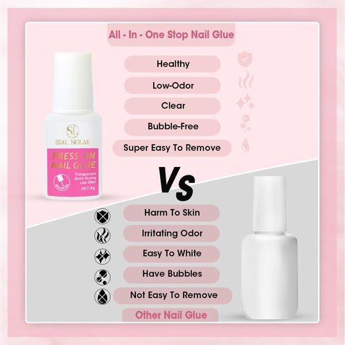 SSAL NOLAE Brush-On Nail Glue for Press On Nails- Salon Quality for Acrylic, Fake Nails. Quick Dry, Long Lasting, No UV Dehydrator or Primer Needed Brush On Gel Nail Glue