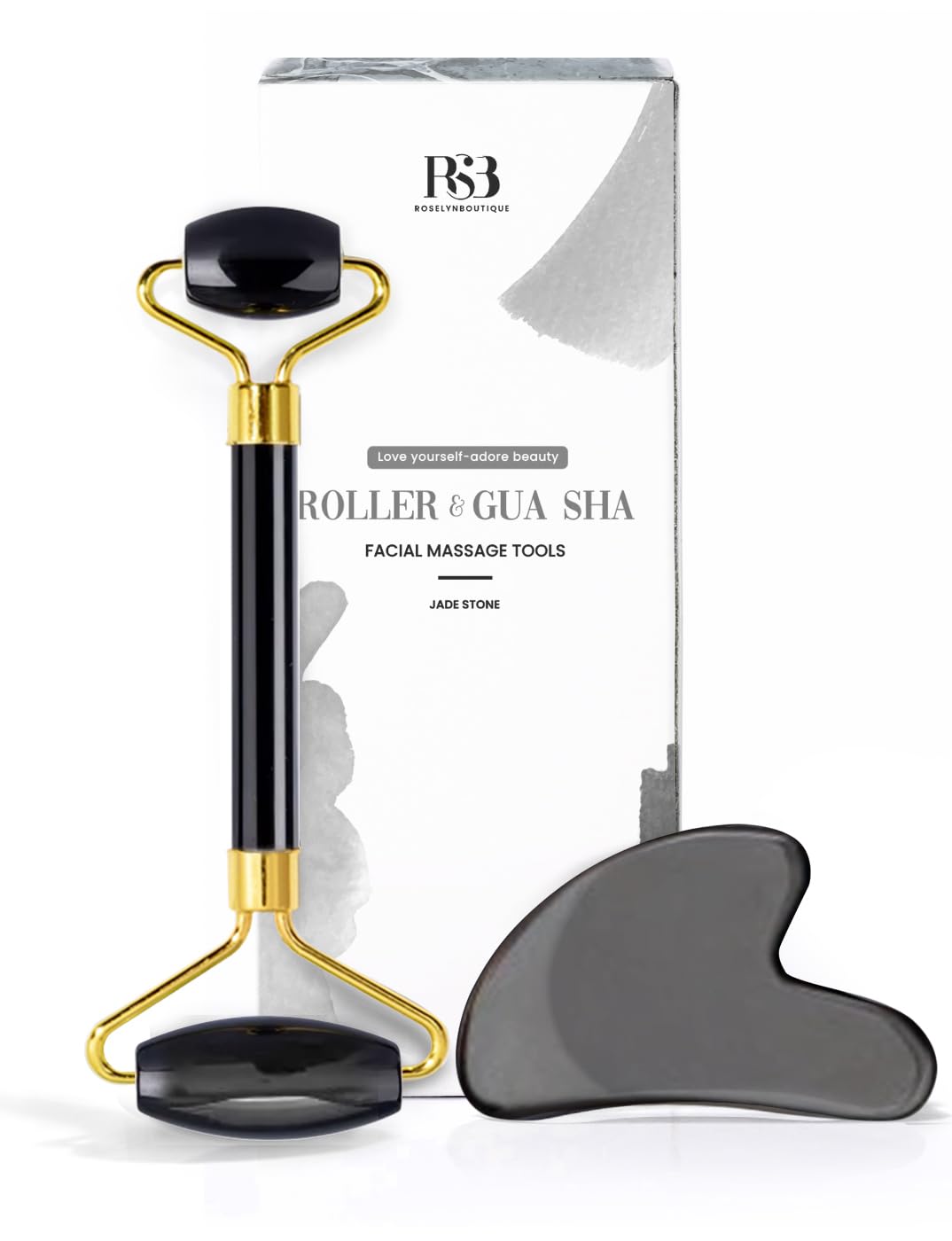 ROSELYNBOUTIQUE Gua Sha Facial Tools & Face Roller for Wrinkless Natural Skincare Tool Jade Roller Guasha Tool for Face Facial Massager (Black Obsidian)
