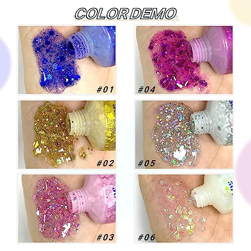 PAQIMAN Silver Hair Glitter,Sparkling Neon Outfit Party Holographic Sequins Paint Body Glitter Gel Makeup.(05# Silver)