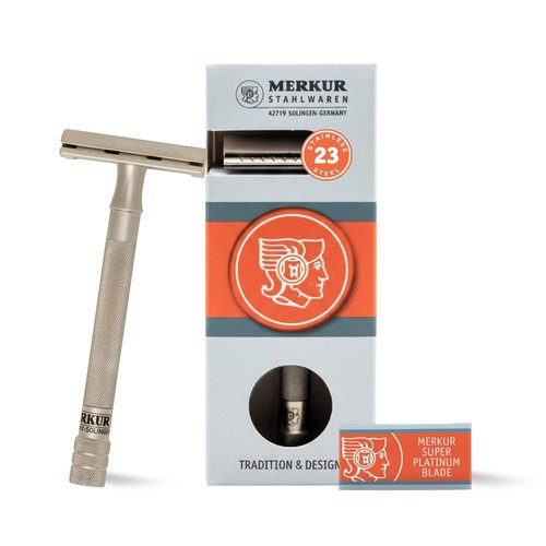 Merkur 23 Inox Stainless Steel Double Edge Safety Razor - Satin Finish, Long Knurled Handle, Three Piece