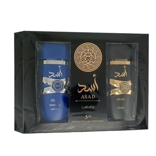 Lattafa Asad 5th Anniversary Edition ? Spicy, Woody, Amber, Sweet ? 2 Piece Eau de Parfum Gift Set for Men (Asad + Asad Zanzibar, 2 ¡¿ 3.4 Ounce / 100 ml Sprays)
