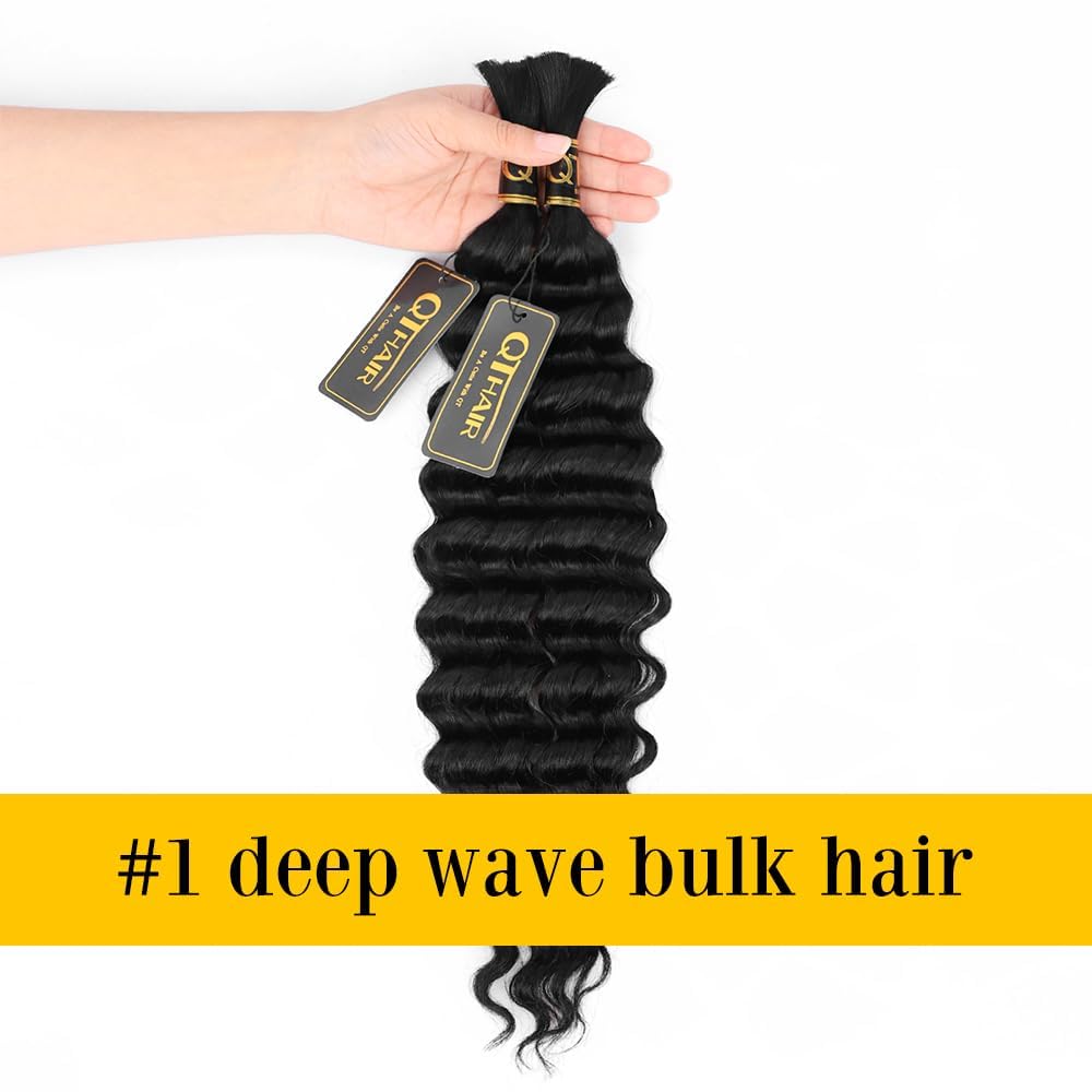 QTHAIR 14A Deep Wave Bulk Human Hair For Braiding No Weft (18", 1)100% Unprocessed Brazilian Deep Wave Human Hair Virgin Hair Extensions