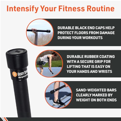 Body Sport Weighted Bar ? Strength Training Workout Bar for Men and Women ? Durable Curl Bar with Secure Rubber Grip for at Home or Gym ? For Yoga, Pilates, Physical Therapy, Resistance Training, and More
