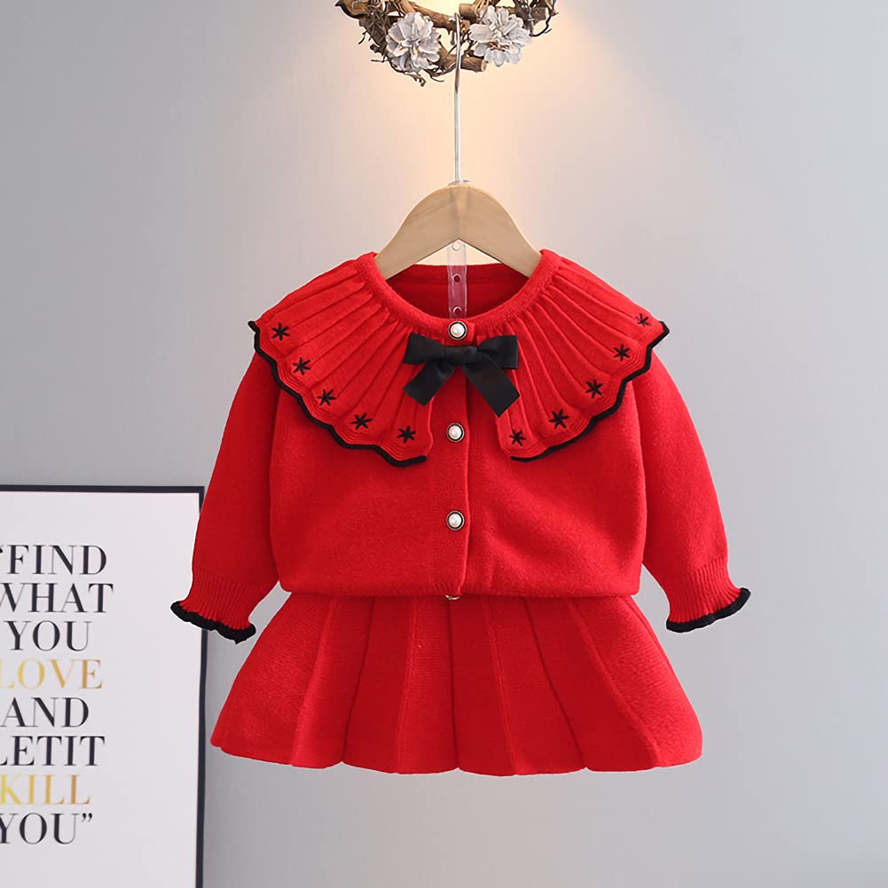 Toddler Baby Girls Autumn Winter Fall Clothes Knit Long Sleeve Ruffle Sweater Top+Pleated Mini Tutu Skirt 2pcs Outfit for Kids Princess Casual Playwear Homewear Clothing Set Red-Black 5-6X