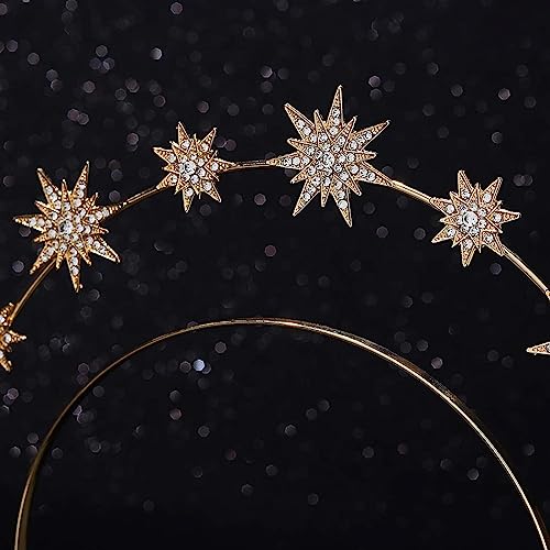 CAKURE Crystal Halo Crown Gold Star Headband Goddess Headpiece Bridal Wedding Tiara and Crowns Hair Accessories for Women and Girls (Rose gold)