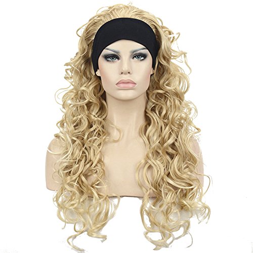 Wiginway Long Curly Wave Headband Synthetic Natural Style Wigs for Women Girls Golden Blonde