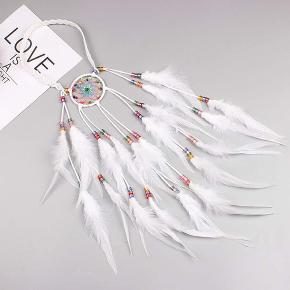 Anglacesmade Bohemian Head Chain White Feather Headband Dreamcatcher Headpiece Prom Party Festival Hair Piece Boho Gypsy Hippie Headdress for Women and Girls (White)