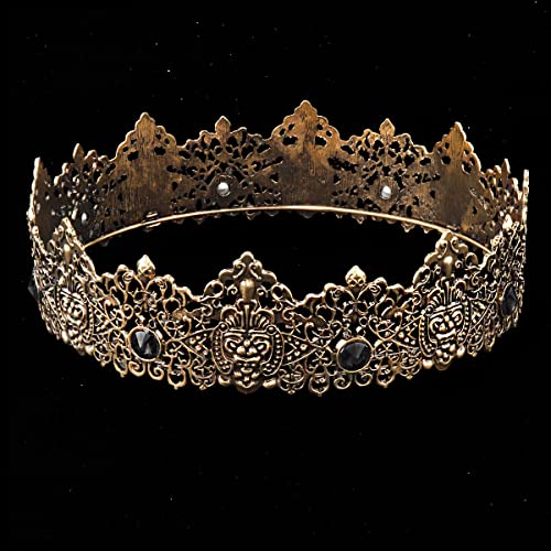 LEEMASING King Men Gold Tiara Crown Imperial Medieval Headband Crystal Pageant Costumes For Wedding Halloween Faire Birthday (Dark Gold With Black Stone)