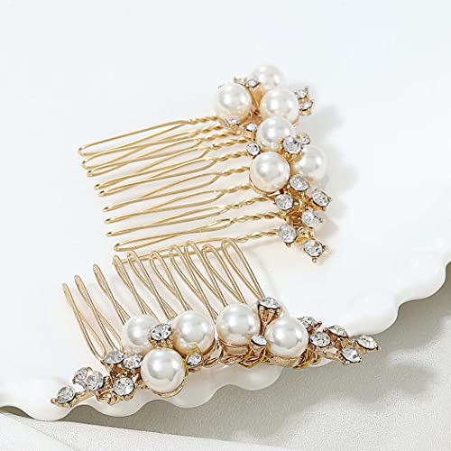 Brishow Wedding Hair Combs Gold Pearls Bridal Hair Accessories Crystal Brides Headpiece Hair Clip for Women and Girls 2 Pieces (Gold)