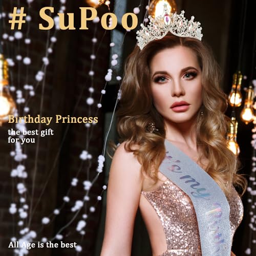 SuPoo Gold Birthday Sash and Crown Kit Princess Crown Birthday Tiara Birthday Queen Crown with Comb Birthday Sash for Women Crystal IT'S MY BIRTHDAY Headband Happy Birthday Decorations Gifts