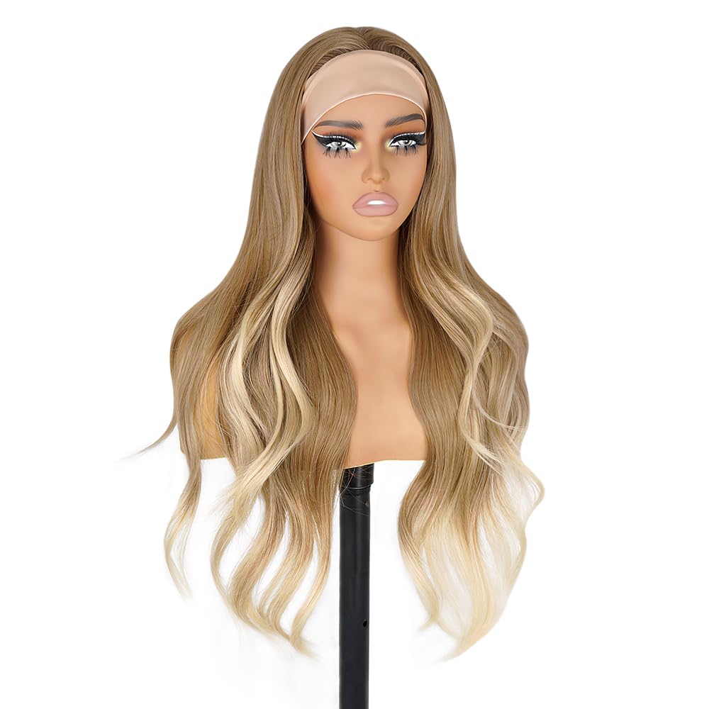 Long Wavy Headband Wigs for White Women, Gluless Wear and Go Half WIg, Natural Looking Synthetic Wig with Headband Attached Heat Resistant (Ombre Ash Blonde)