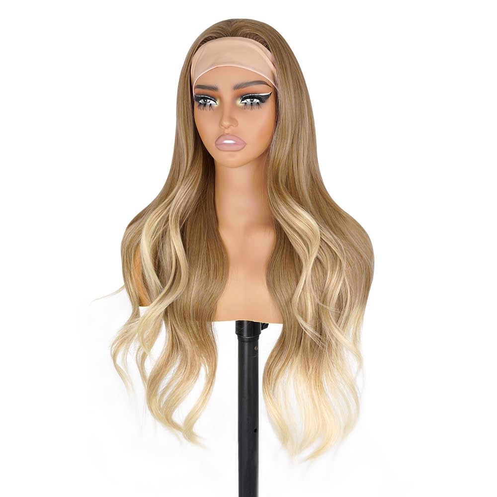 Long Wavy Headband Wigs for White Women, Gluless Wear and Go Half WIg, Natural Looking Synthetic Wig with Headband Attached Heat Resistant (Ombre Ash Blonde)