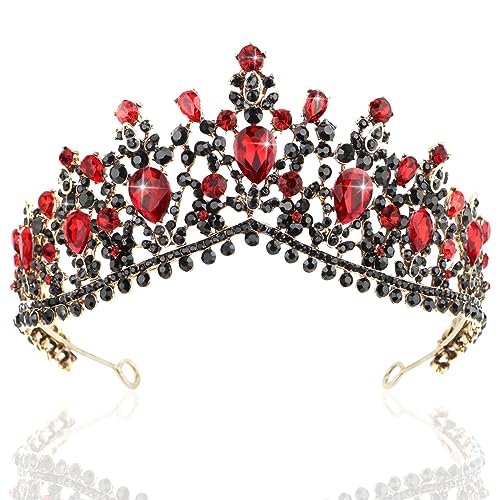 Red Crown, CIEHER Evil Queen Crown, Queen of Hearts Crown Rhinestone Crowns for Women, Vintage Queen of Hearts Accessories Gothic Wedding Tiara Crystal Crown for Girls, Luxury Red and Black Crown for