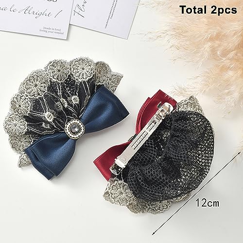 AsggBah 2pcs Hair Snood Net Barrettes with Bowknot Hair Clips with Thin Mesh Bun Cover for Women Ladies (Lace Red+Blue)