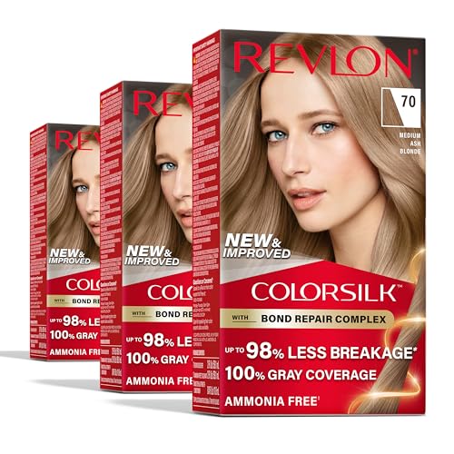 Revlon ColorSilk with Bond Repair Complex, Blonde Permanent Hair Color, 100% Gray Coverage, Ammonia Free Hair Dye, Vegan Keratin, 70 Medium Ash Blonde (Pack of 3)