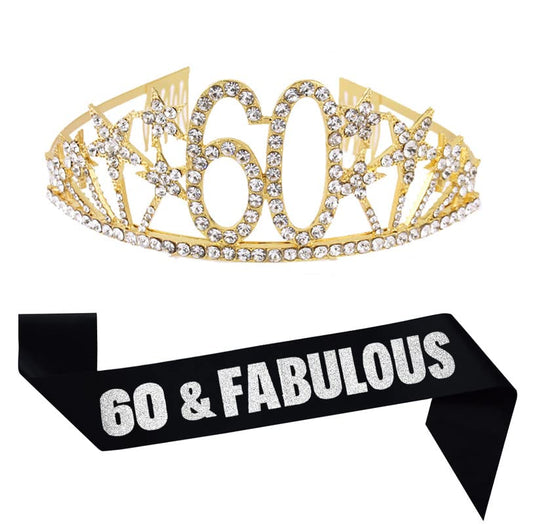 Mayin Happy 60th Birthday Tiara and Sash Gifts Crystal Rhinestone Princess Crown Birthday Queen Party Favor Supplies Gold Crowns Silver Letter Black Sash