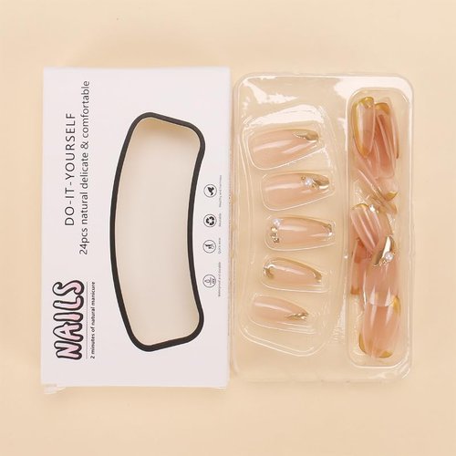 CTTHNBD Press on Nails Almond - French Tip Fake Nails with Gold Line Design - Medium Fasle Nails Press ons - for Women 24 Pcs