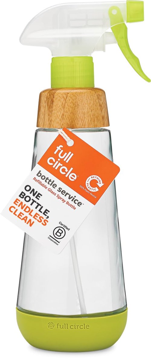 Full Circle - Sustainable Refillable Glass Spray Bottle with Versatile Stream & Mist Options | Bamboo & Silicone Protection Boot - Perfect for Kitchen, Plants, Hair & Beauty