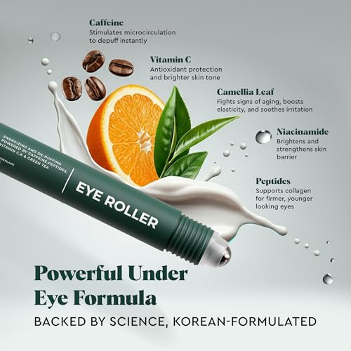 Wolf Project Under Eye Roller - Korean Beauty, with Caffeine, Vitamin C and Peptides - Energizing Serum for Dark Circles and Puffiness, Fine Lines, Wrinkles - Gel-Based Brightening Cream