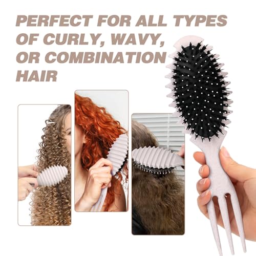 Beige Curl Defining Brush for Curly Hair - Styling and Detangler Brush with Comb for Curly Hair; Includes Bonus Hairstyling Tool; Vegan Fiber and Nylon Faux Boar Bristles to Smooth and Detangle