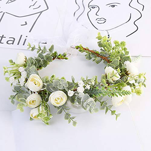 YnimioAOX Handmade Adjustable Flower Wreath Headband Halo Floral Crown Garland Headpiece,I21-milky white