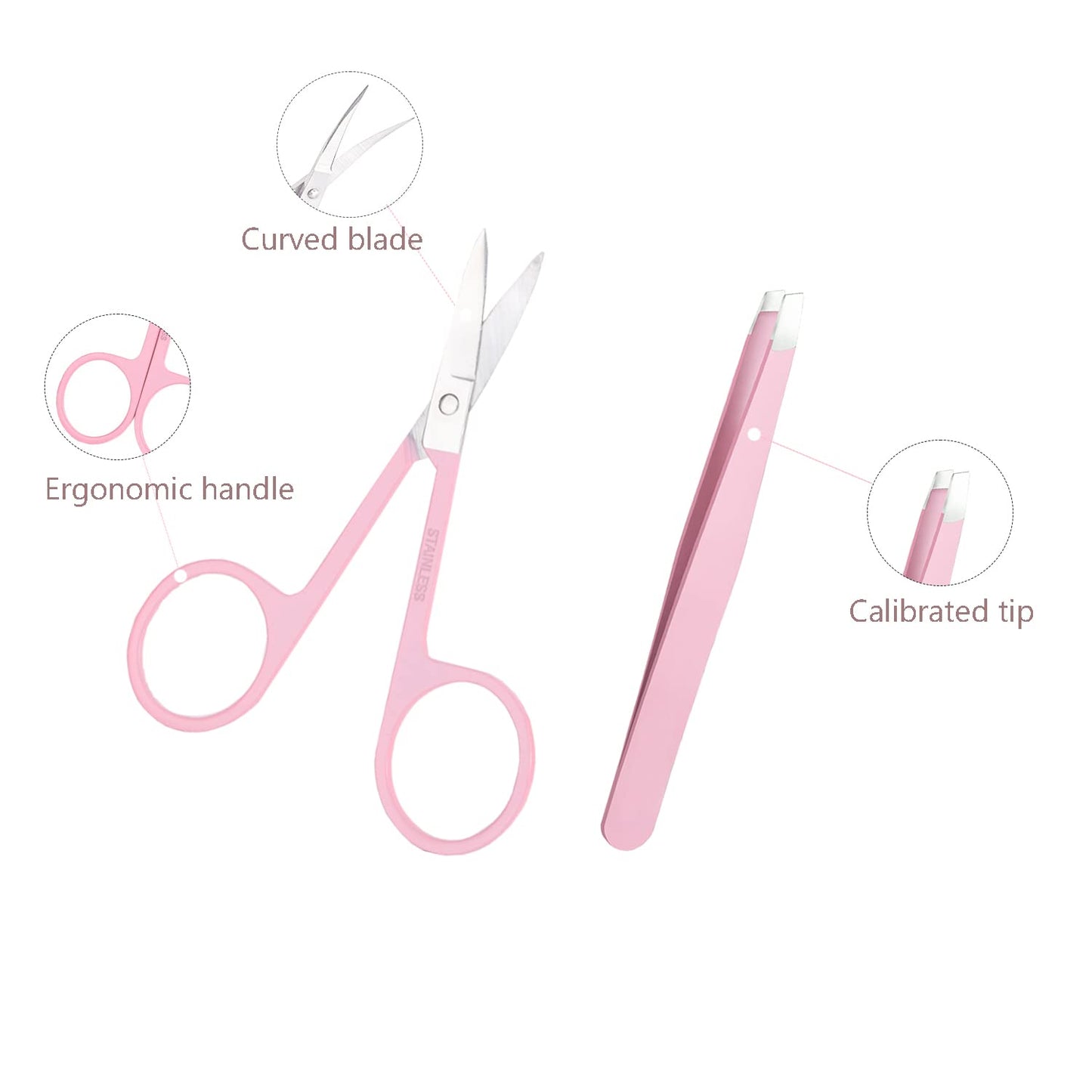 ONEUPIN 7-Piece Professional Eyebrow Grooming Kit with Razor, Tweezer, Eyelash Curler, False Eyelash Tool, Scissors, Comb - Women's Kit (Pink)