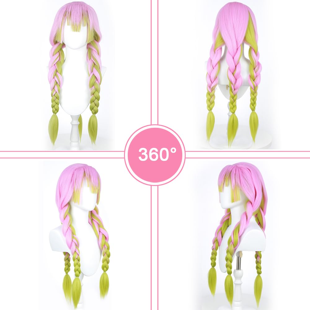 SEISAIDO Kanroji Mitsuri Wig DS Green and Pink Ombre 3 Pre-BraiDemon Slayer Characters Play Anime Cosplay Wigs Halloween Costume Party Christmas Gift Heat Resistant 80cm + wig cap