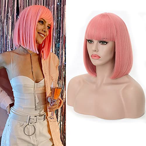 Rosa Star Ash Pink Wig Women's Short Bob Light Pink with Bangs 12'' Straight Synthetic Hair Wig for Halloween Comic-con Costume Anime Cosplay Party