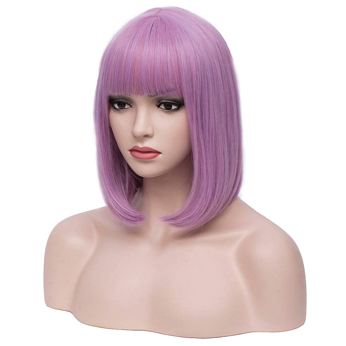 BERON 12 Inches Lavender Bob Wig Short Straight Purple Wig with Bangs for Women Light Purple Wig Halloween Cosplay or Daily Use Wigs (Lavender Purple)