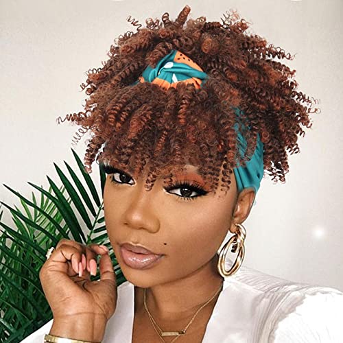 LEOSA Short Ombre Headband Wig Kinky Curly Headband Wig with Bangs for Women Synthetic Afro Curly Wig with Headband Attached Blonde Kinky Wig Outre High Puff Blonde Afro Headband Wig 4INCH Kinky Wig