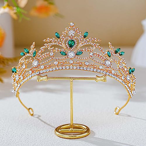 Foyte Baroque Queen Crown Wedding Rhinestone Tiara Gold Bride Crystal Hair Accessories Princess Gemstones Headband Crowns for Women (green rhinestone)