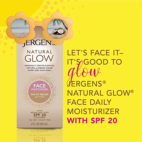 Jergens Natural Glow Face Self Tanner Lotion, SPF 20 Sunless Tanning, Fair to Medium Skin Tone, Daily Facial Sunscreen, Oil Free, Broad Spectrum Protection, 2 Oz, Pack of 2 (Packaging May Vary)