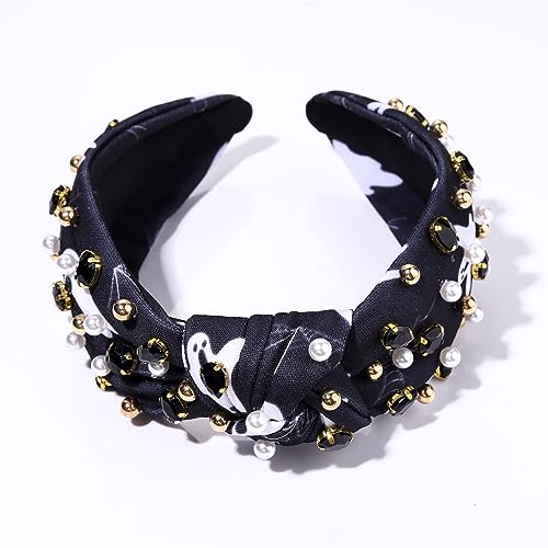 HSWE Halloween Headband Crystal Pearl Knotted Headband for Women Rhinestone Jeweled Embellished Ghost Print Wide Top Knot Hairband Halloween Costume Party Favors (Halloween Ghost)