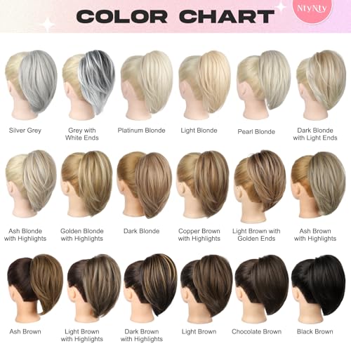 NTYNTY Ponytail Extension, 10" Short Claw Clip in Ponytail Hair Extensions Messy Bun Hair Piece Natural Soft Synthetic Straight Pony Tail Hair Pieces for Women - Dark Golden Blonde with Highlights