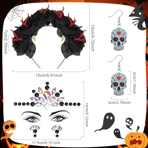 Riceshoot 3 Pcs Day of the Dead Costumes Accessories for Women Halloween Headbands Skull Earrings Gems(Black Hue)