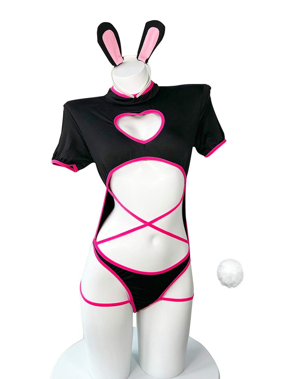 Unibaby Bunny Girl Cosplay Costume Playful Lingerie Elastic Rabbit Ears Kawaii Maid Outfit Cute Heart Bodysuit (Black, Medium)