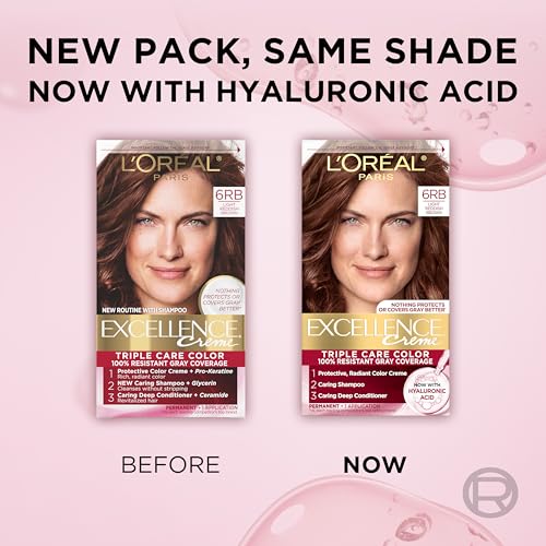 L'Oreal Paris Excellence Crème Permanent Hair Dye, Triple Care Hair Color with Hyaluronic Acid for 100% Gray Coverage, 6RB Light Reddish Brown, 1 Kit (Packaging May Vary)