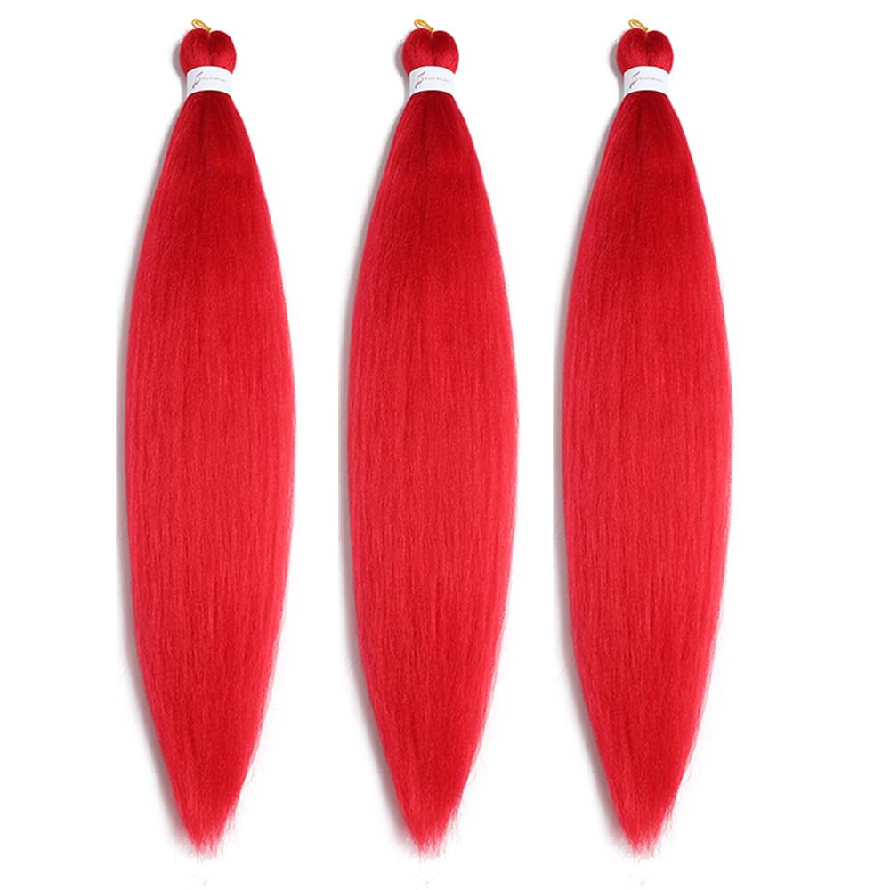 Pre Stretched Braiding Hair 26 Inch Ombre Red Kanekalon Braiding Hair Extensions Hot Water Setting Crochet Box Braids Hair (26 Inch (Pack of 3), Red)