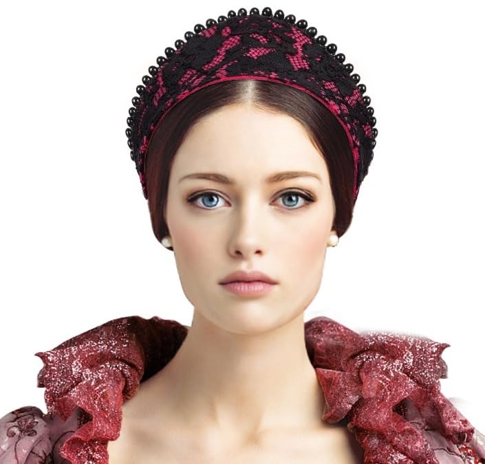 C-ZOFEK Anne Headband Velvet Pearl Tudor French Hood Gothic Renaissance Hair Accessory (Red)