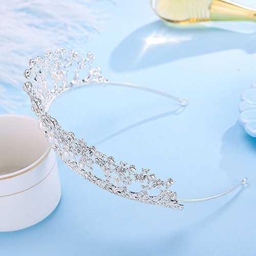 SSNUOY Pearl Princess Crowns Wedding Tiara for Women Silver Rhinestone Crown Bridal Princess Hair Accessories