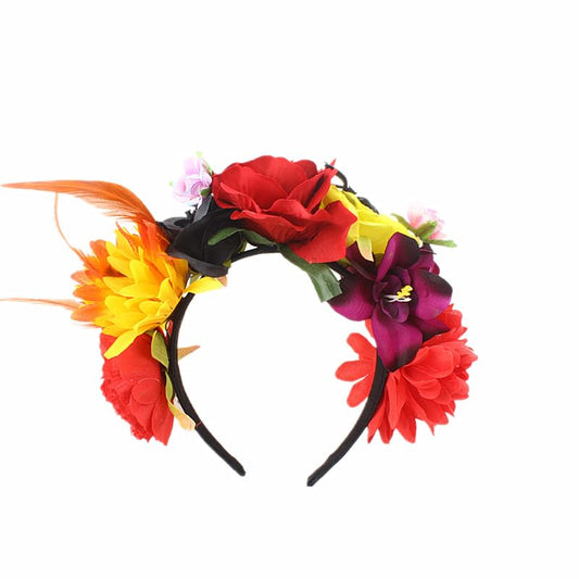 Bubbmi Mexican Flower Crown Headband with Feather, Day of the Dead Headpiece, Halloween Easter Festival Headwear, Dia De Los Muertos Hairhoop