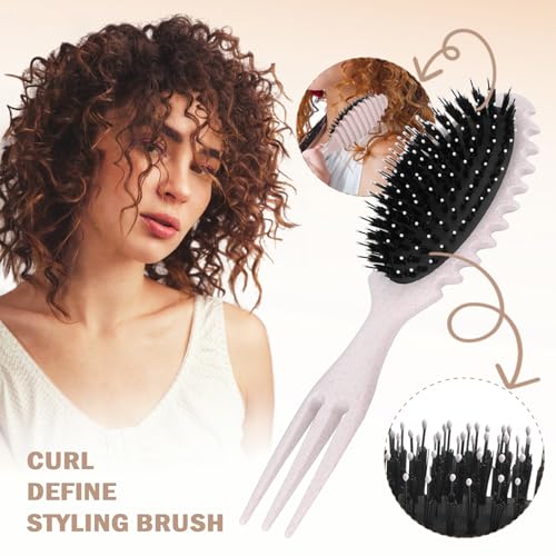 Beige Curl Defining Brush for Curly Hair - Styling and Detangler Brush with Comb for Curly Hair; Includes Bonus Hairstyling Tool; Vegan Fiber and Nylon Faux Boar Bristles to Smooth and Detangle