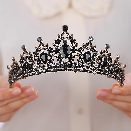 BERYUAN Black Crystal Rhinestone Wedding Headband Flower Crystal Vintage Headpiece Baroque Queen Halloween Headdress Gothic Black Rhinestone Wedding Hairpiece for Girls (black)